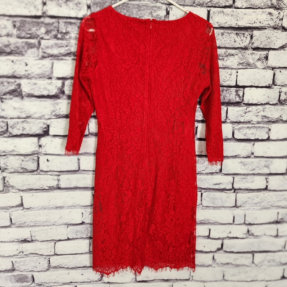 Red Lace Overlay Long Sleeved Dress - S - Picture 7 of 8